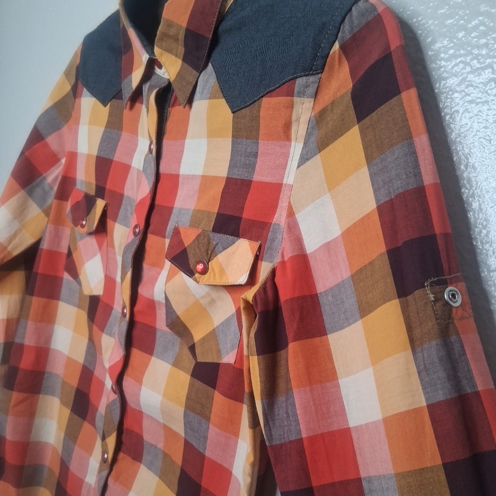 Platini Jeans Cougar Button Up Shirt Womens Multicolor Plaid Western Cowgirl M - Picture 7 of 15